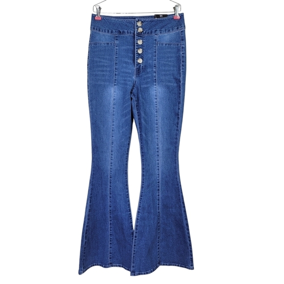 Fashion Nova Jeans Size 11 30X32 Blue Flare Bell Bottom Button Fly High Rise New - Picture 1 of 12